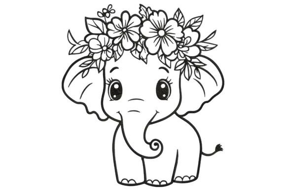 Cute Baby Elephant with Flower Crown Line Art Review
