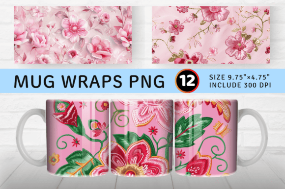 Pink Embroidery Flowers Mug Wrap Sublima